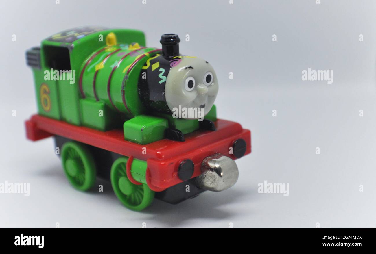 Party Percy diecast toy train set against a white background Stock Photo