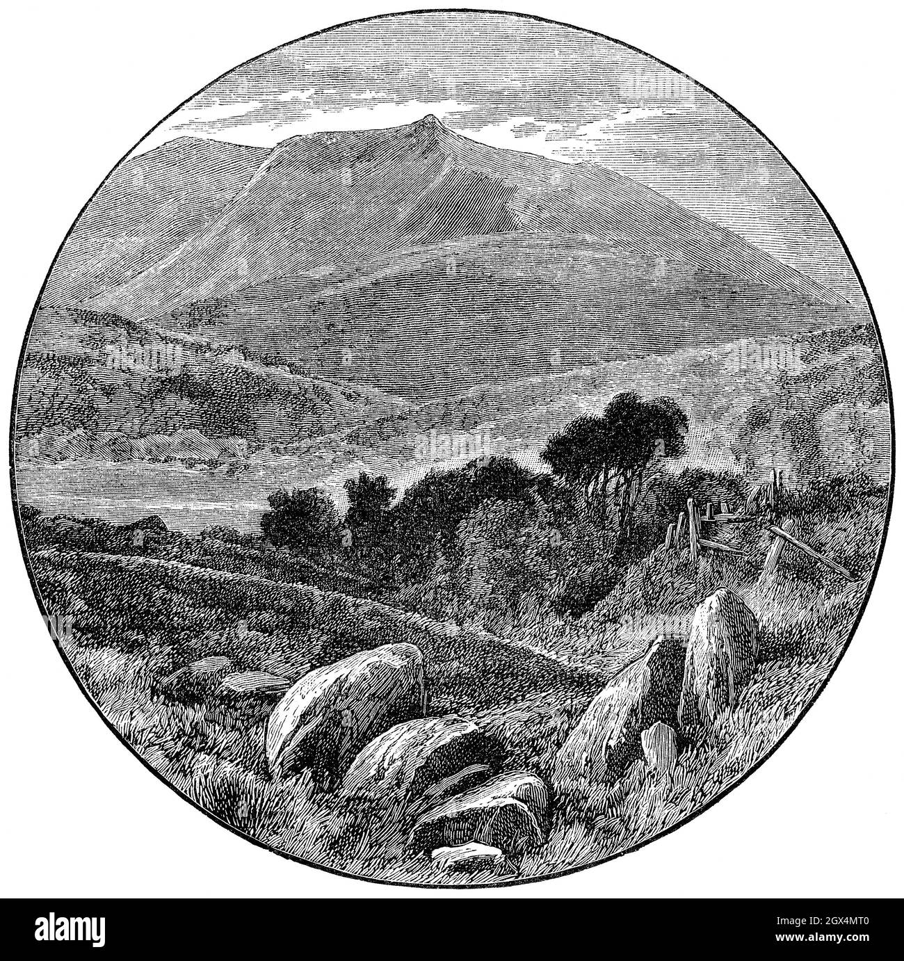1987 vintage engraving of Lochnagar mountain in the Grampian Mountains in Aberdeenshire, Scotland. Stock Photo