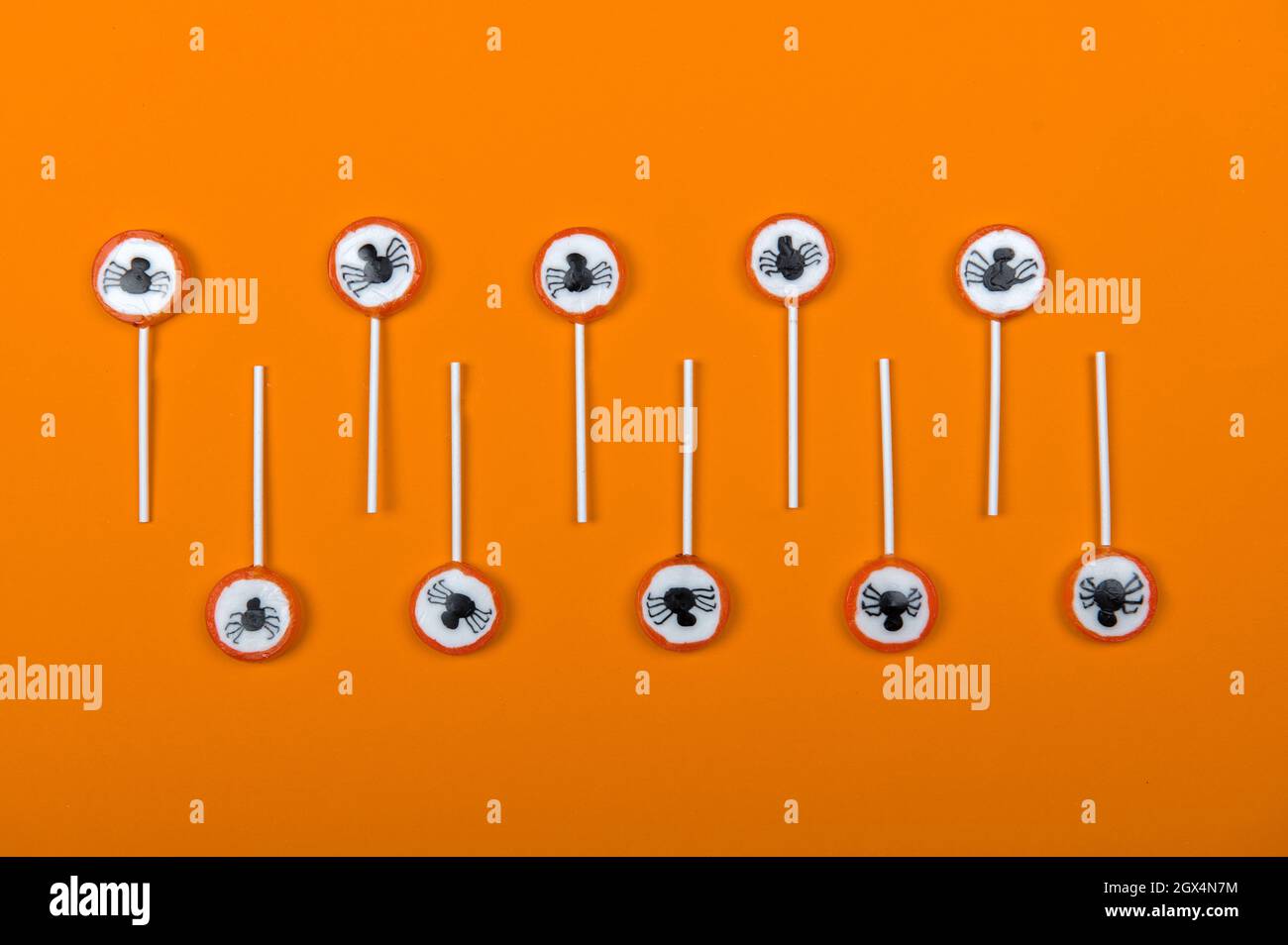 Halloween candy row with black spiders and cobweb on orange color ...