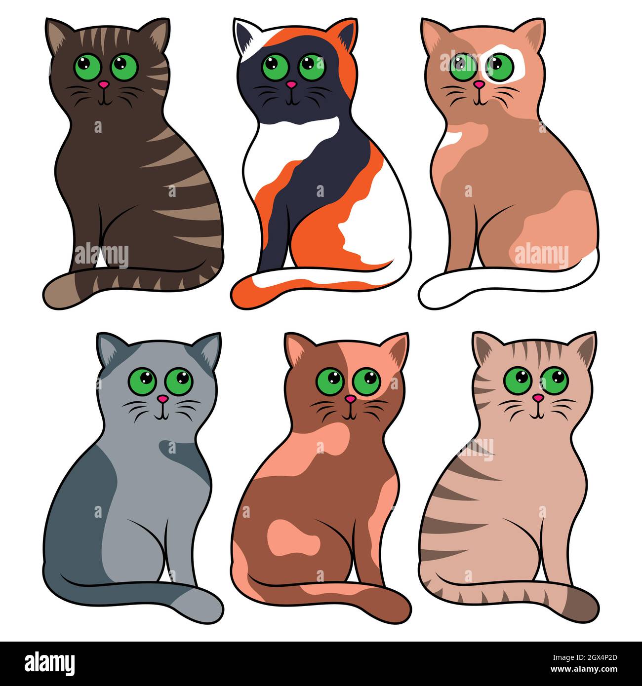 Six different cartoon cats isolated on white background, color image of pets Stock Vector