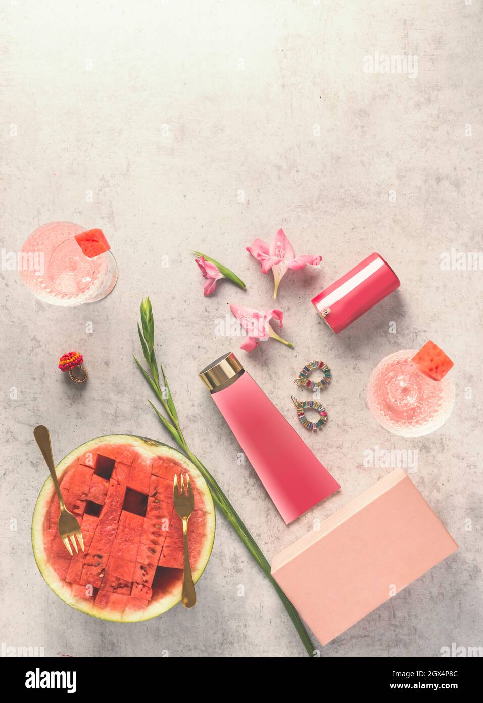 Watermelon cosmetic on table with fruits cocktails , top view. Facial moisturizing skin care. Beauty concept Stock Photo