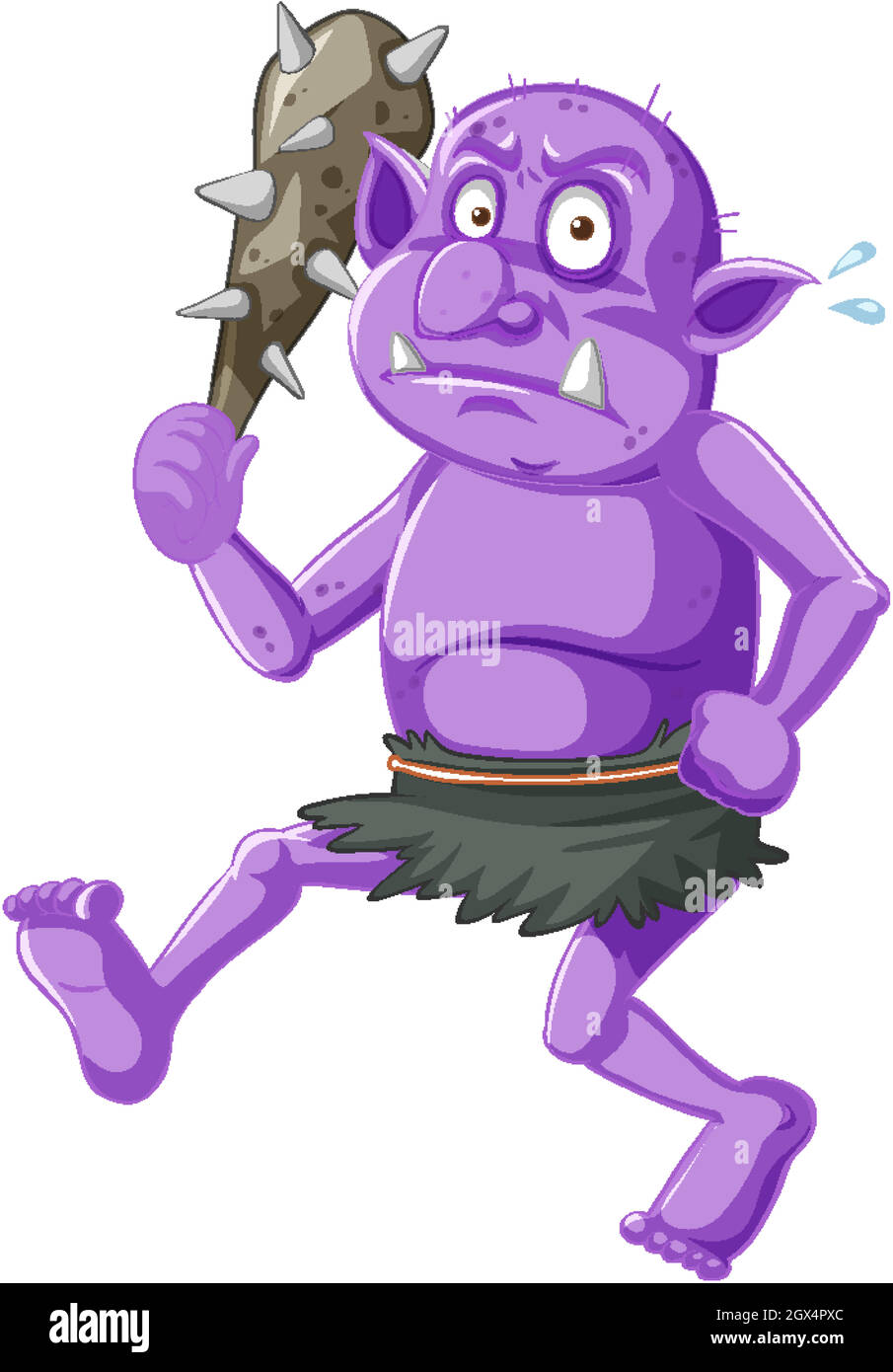 Purple goblin or troll holding hunting tool in cartoon character