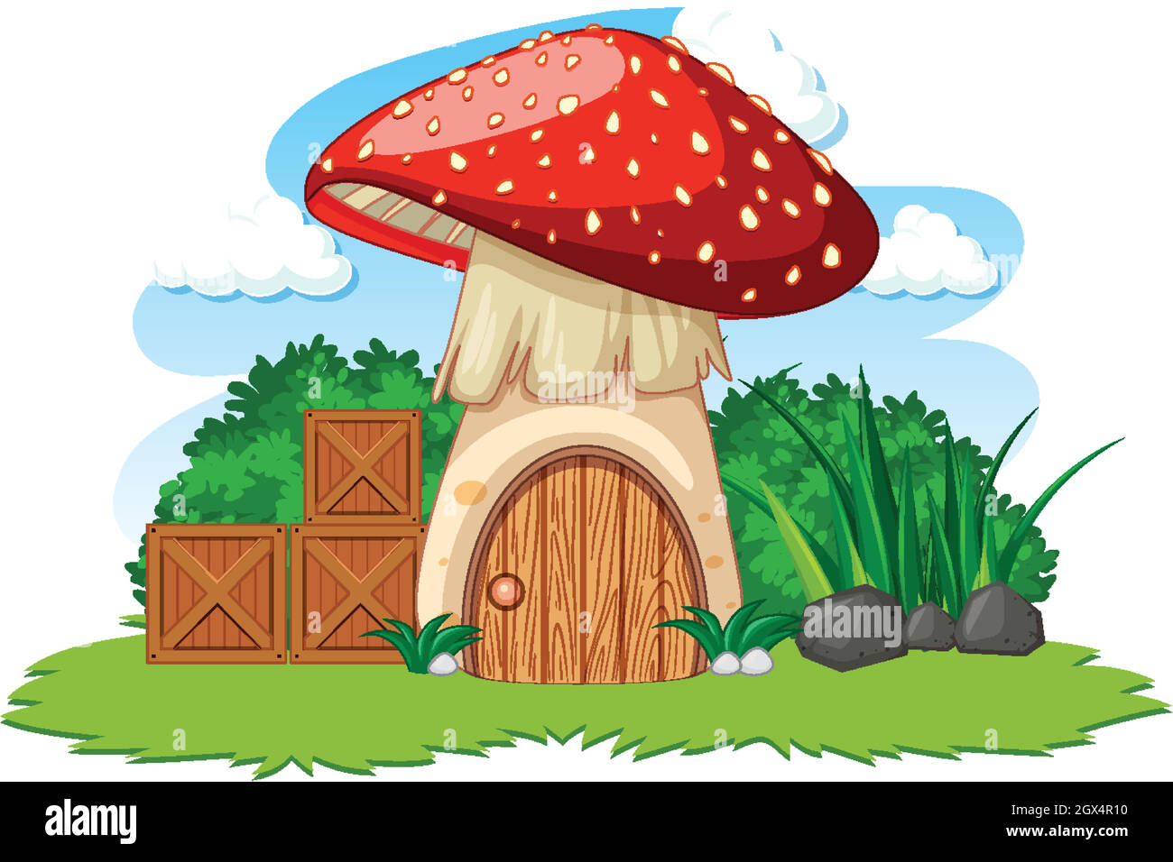 Mushroom house and some grass cartoon style on white background Stock Vector