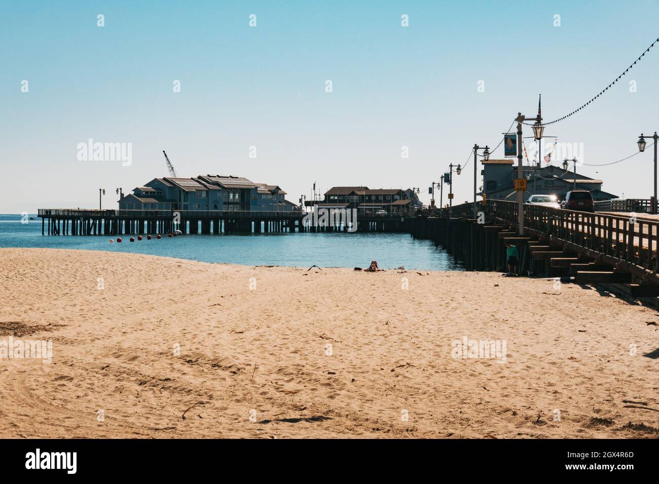Stearns Wharf in Santa Barbara, CA - an historic wooden pier featuring shops and restaurants Stock Photo