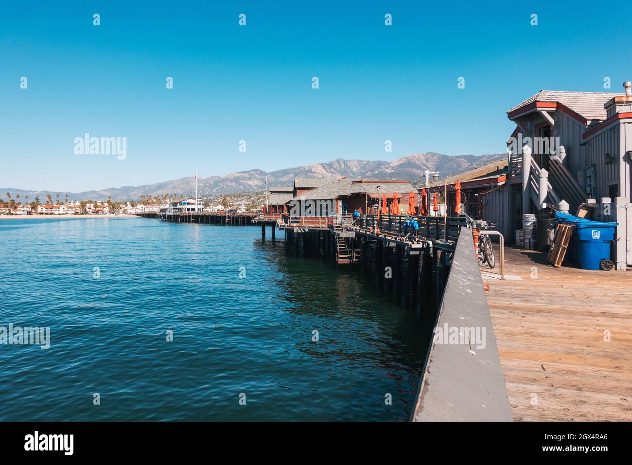 Stearns Wharf in Santa Barbara, CA - an historic wooden pier featuring shops and restaurants Stock Photo