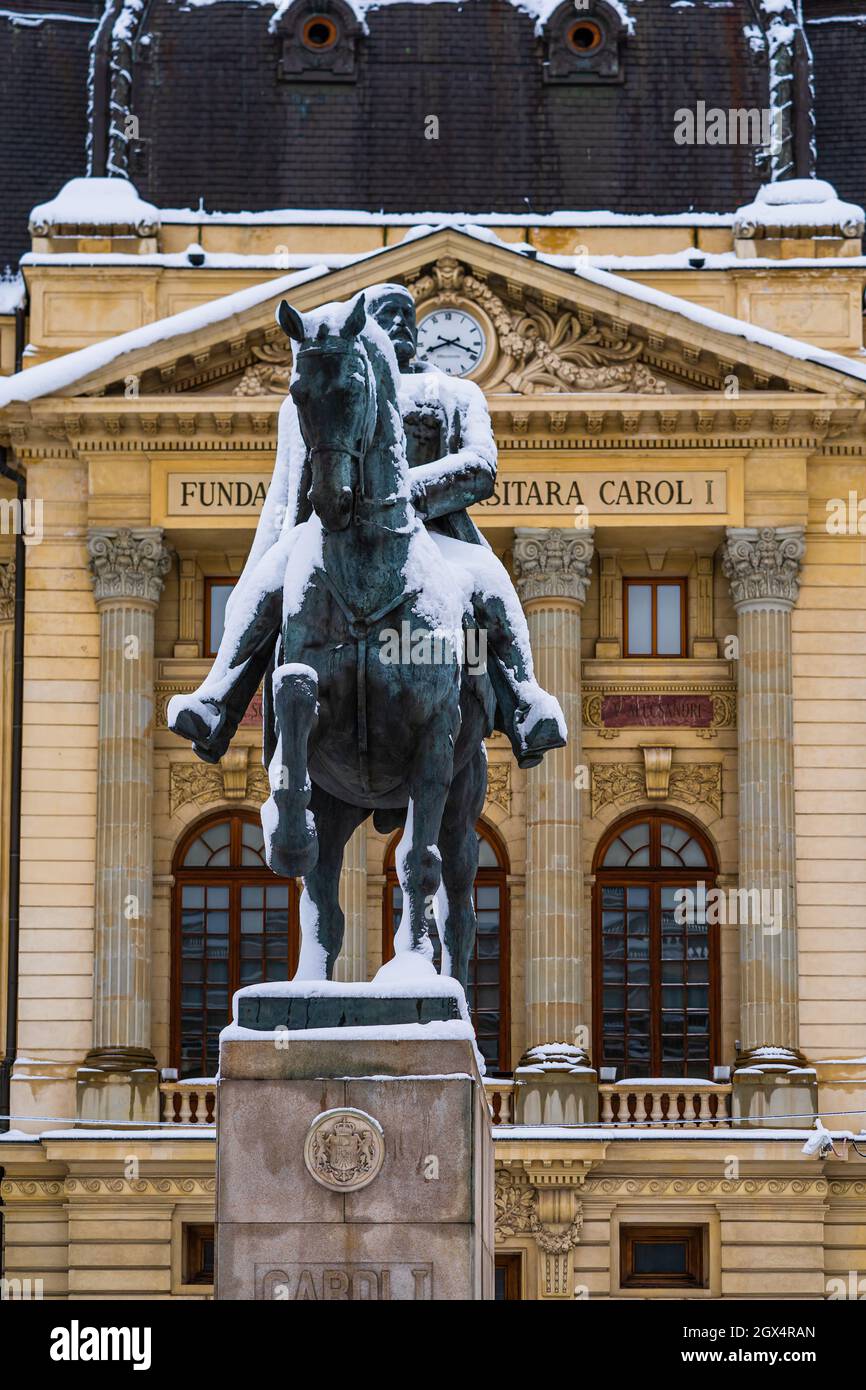 BUCHAREST, ROMANIA - Jan 19, 2021: A Snowy statue of King Carol I in ...