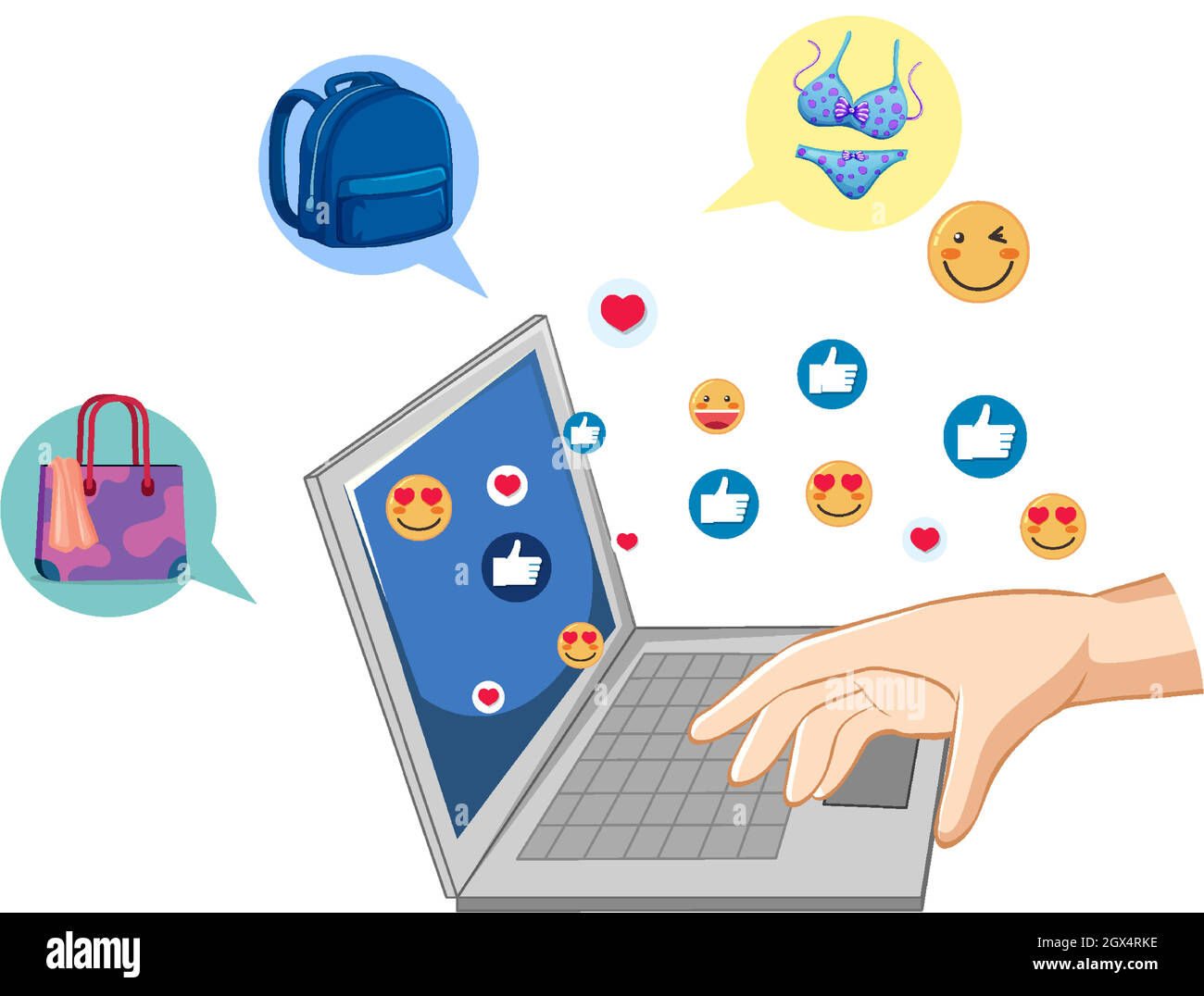 Hand using laptop with emoji icons on white background Stock Vector