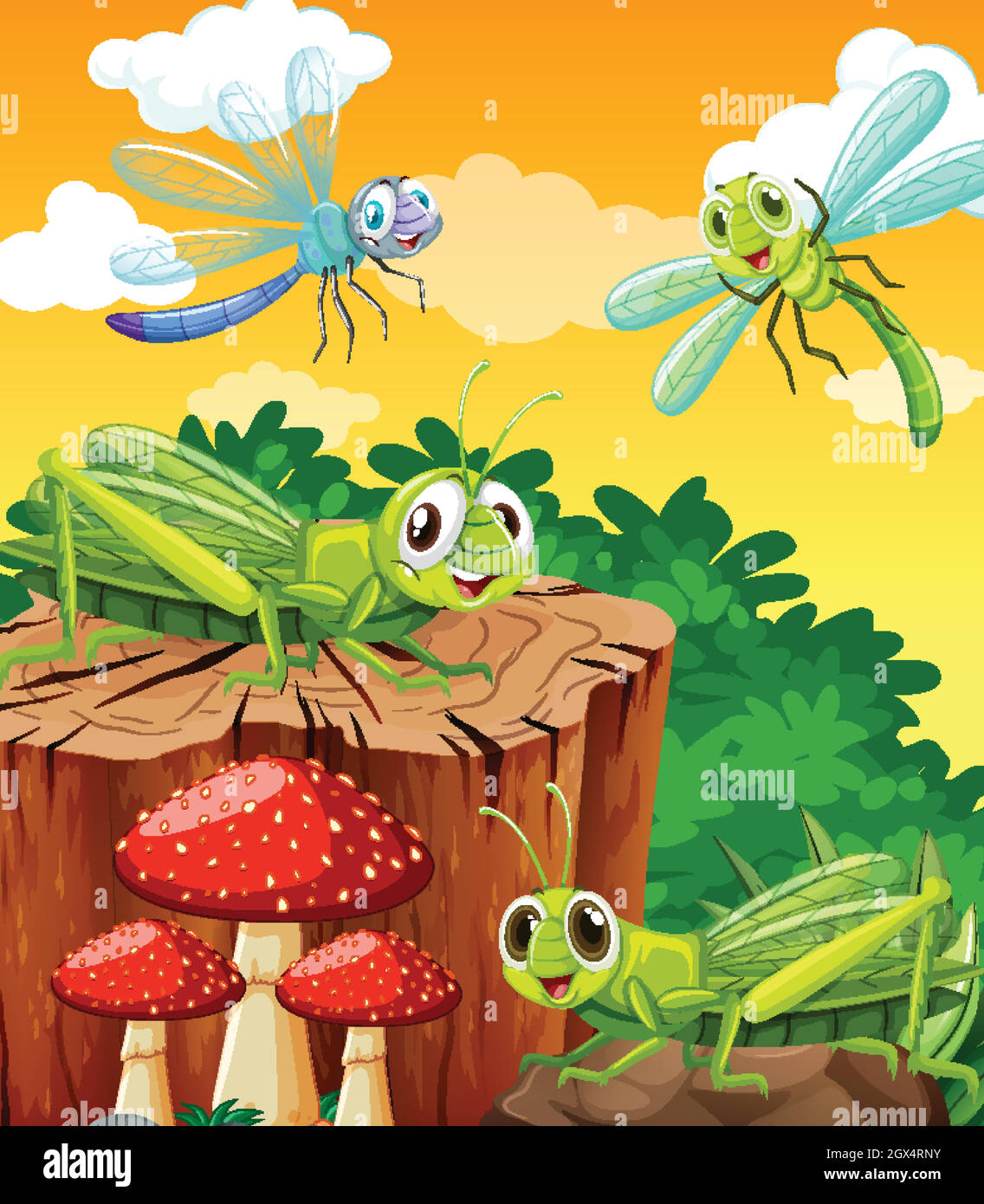 Four grasshoper living in the garden scene at daytime Stock Vector