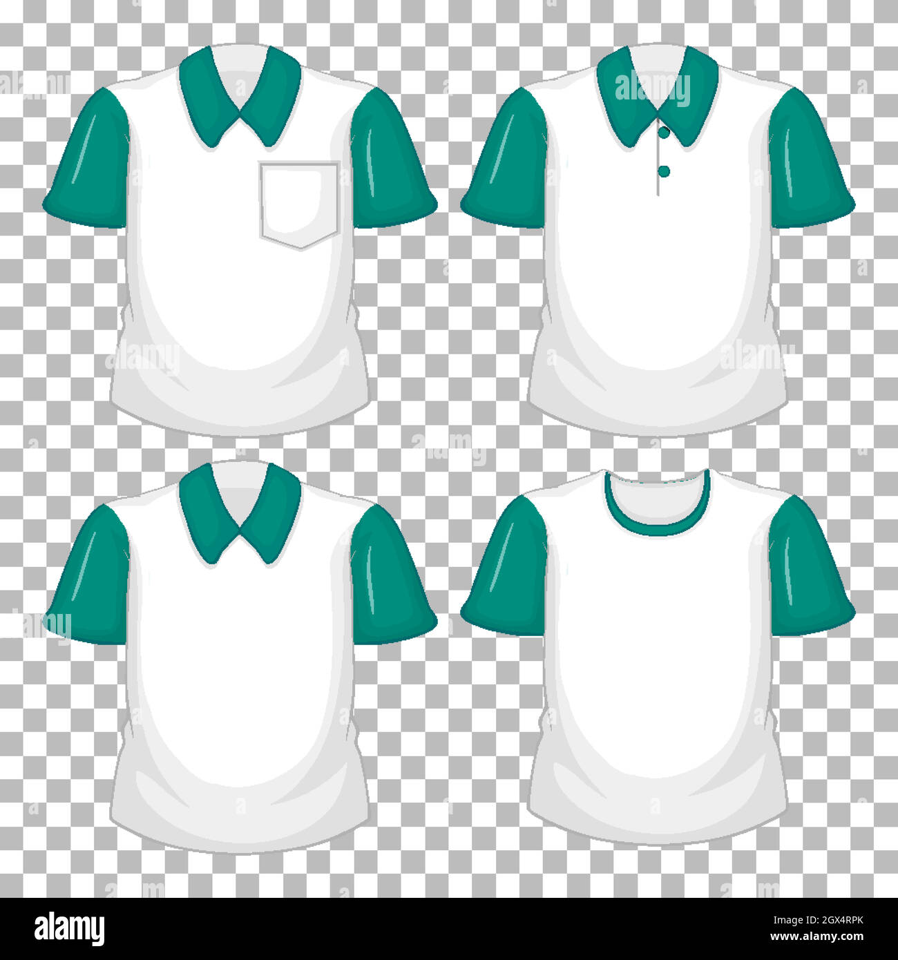 Set of different shirts with green sleeves isolated on transparent background Stock Vector