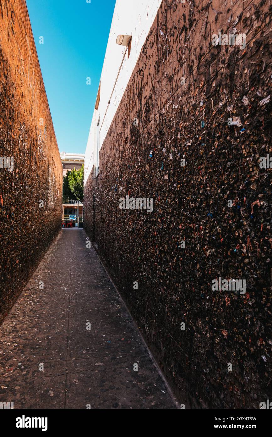 Bubblegum Alley, a narrow pedestrian way in San Luis Obispo, CA where chewed gum accumulated on the walls, now a famous tourist attraction Stock Photo