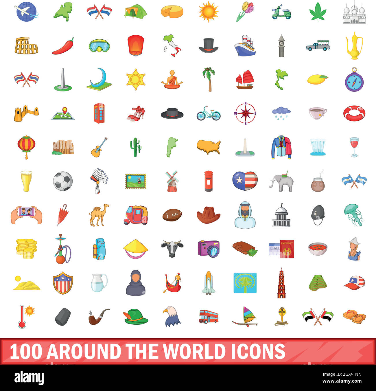 100 around the world icons set, cartoon style Stock Vector