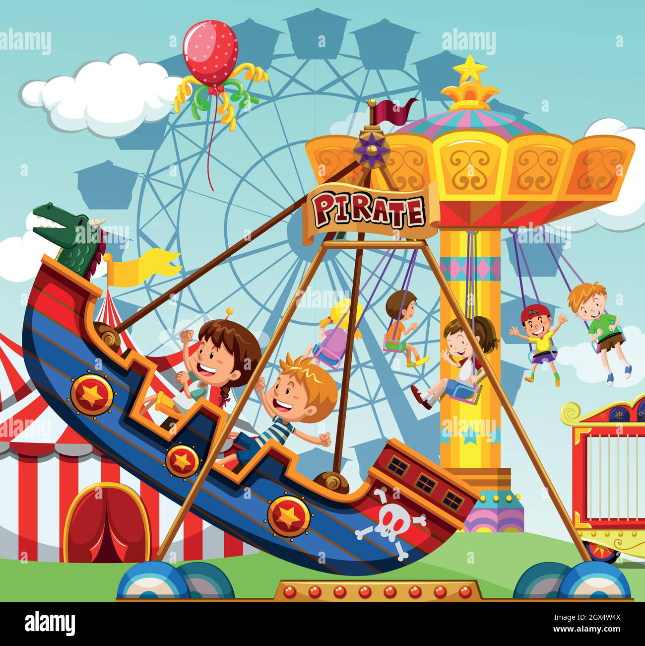 Children riding on rides at the funfair Stock Vector