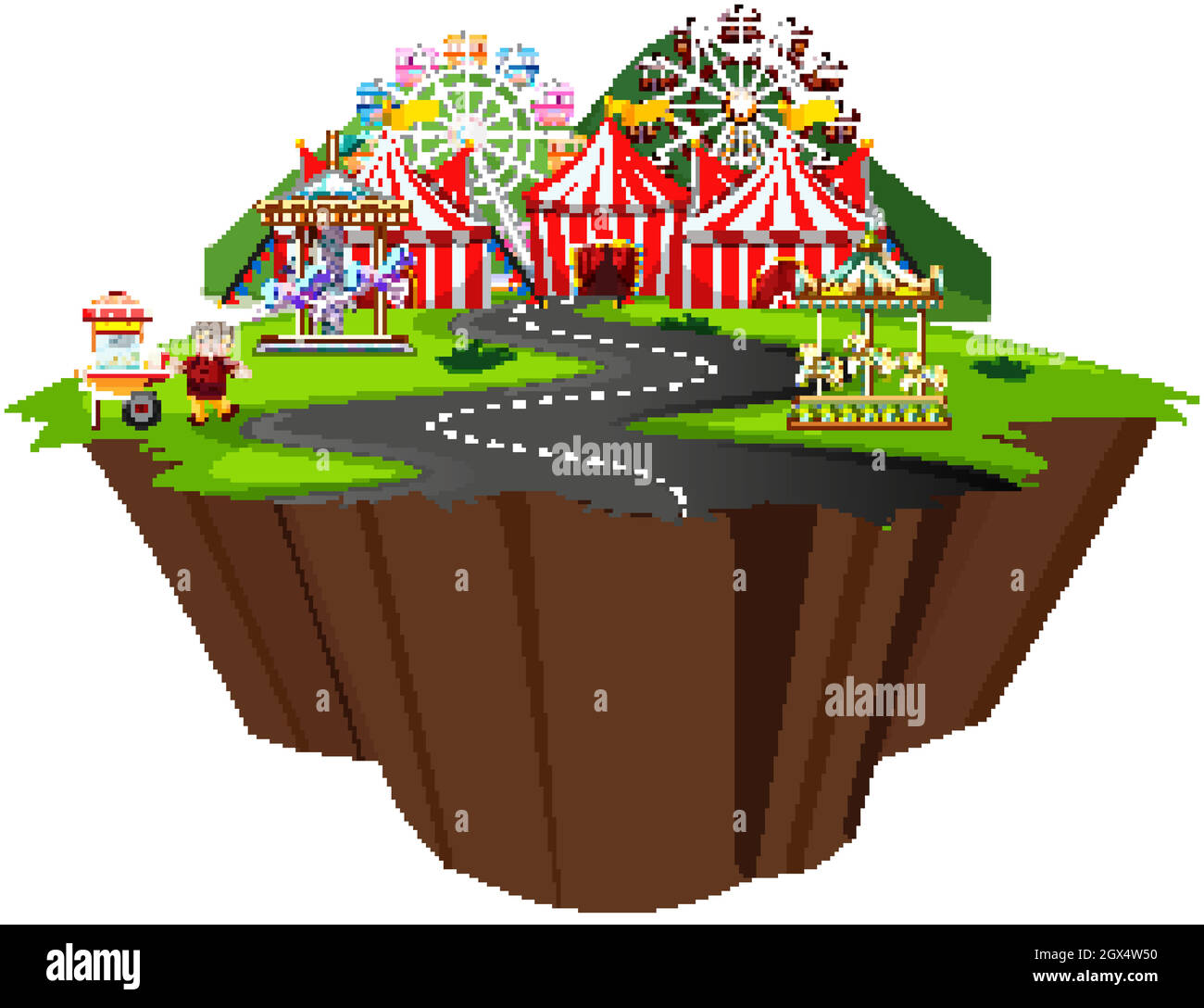 Scene with circus tent and many rides along the road Stock Vector