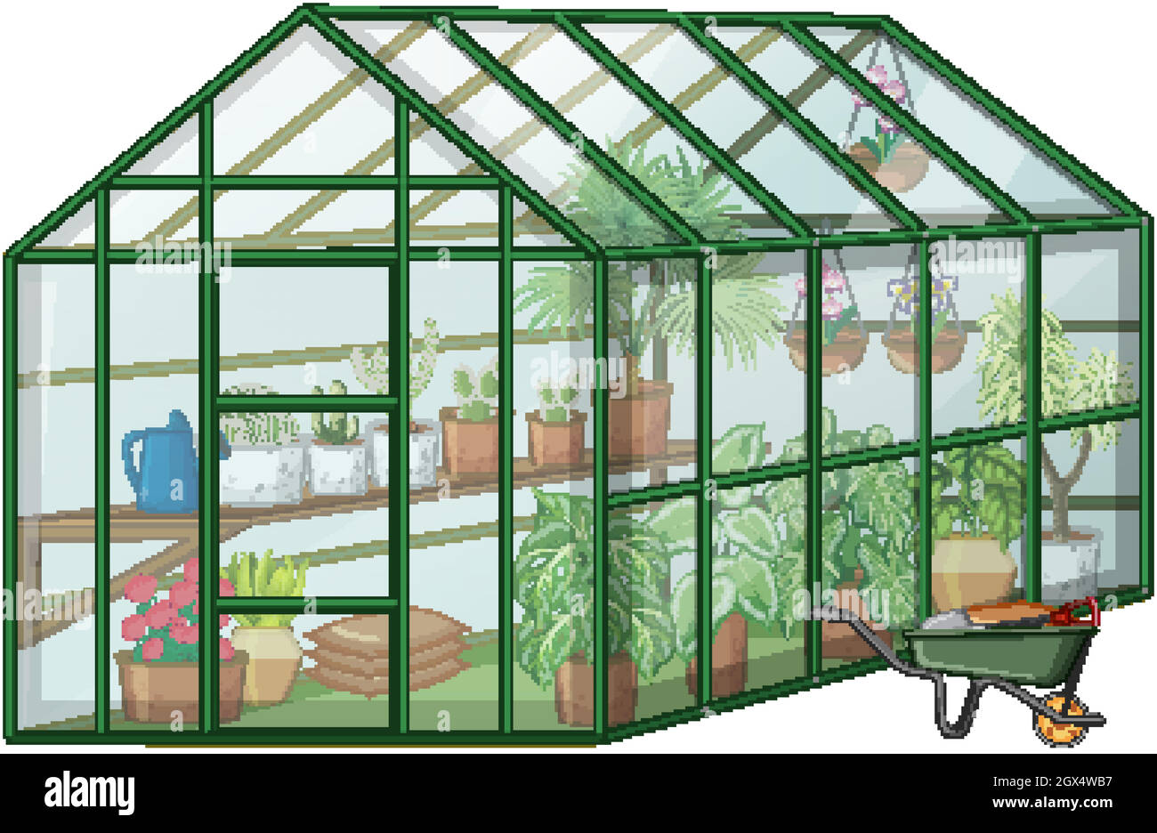 Many Plants in Greenhouse with glass wall and wheelbarrow on white background Stock Vector