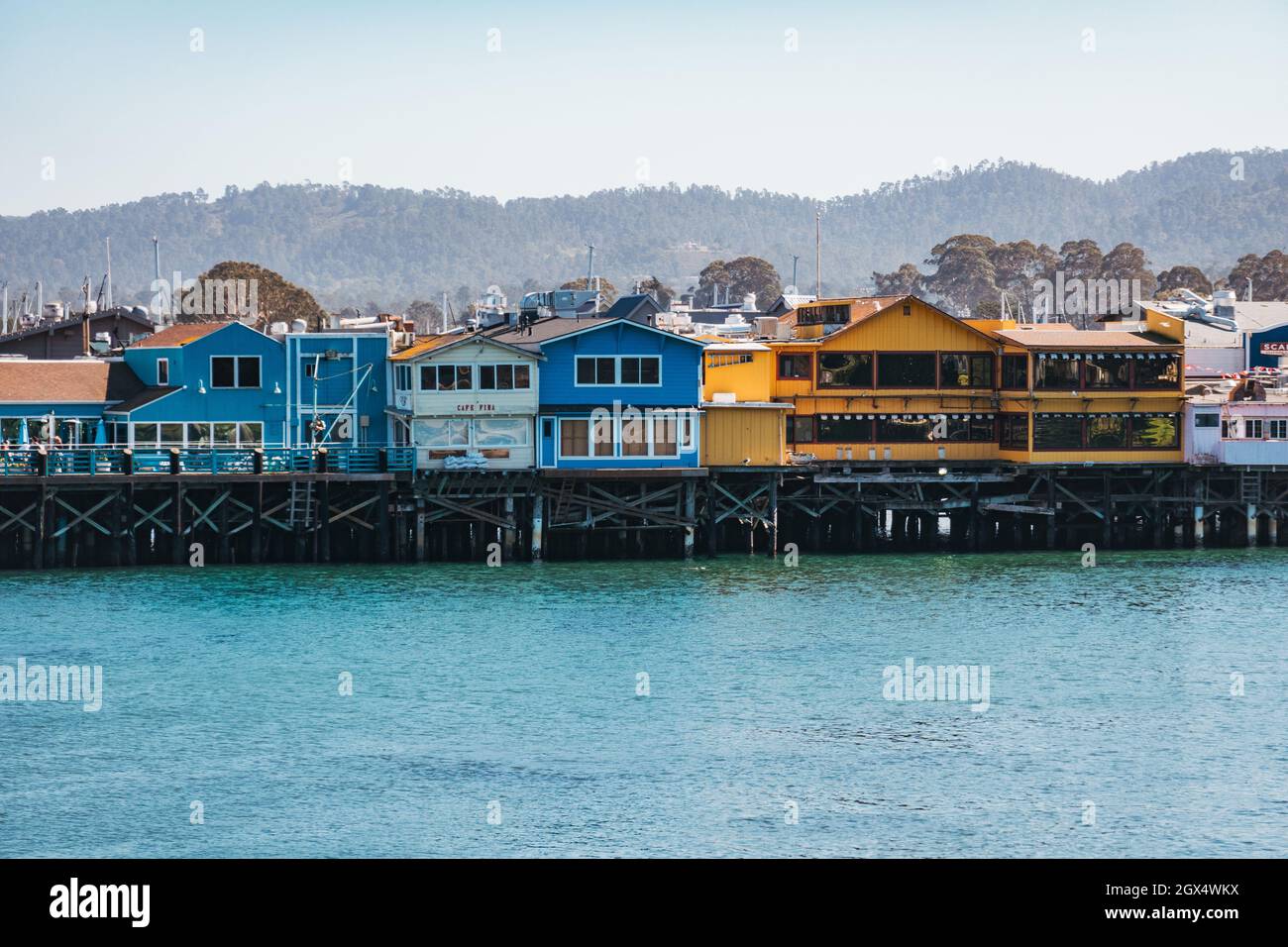 Buildings constructed on top of Old Fisherman's Wharf in Monterey, California Stock Photo