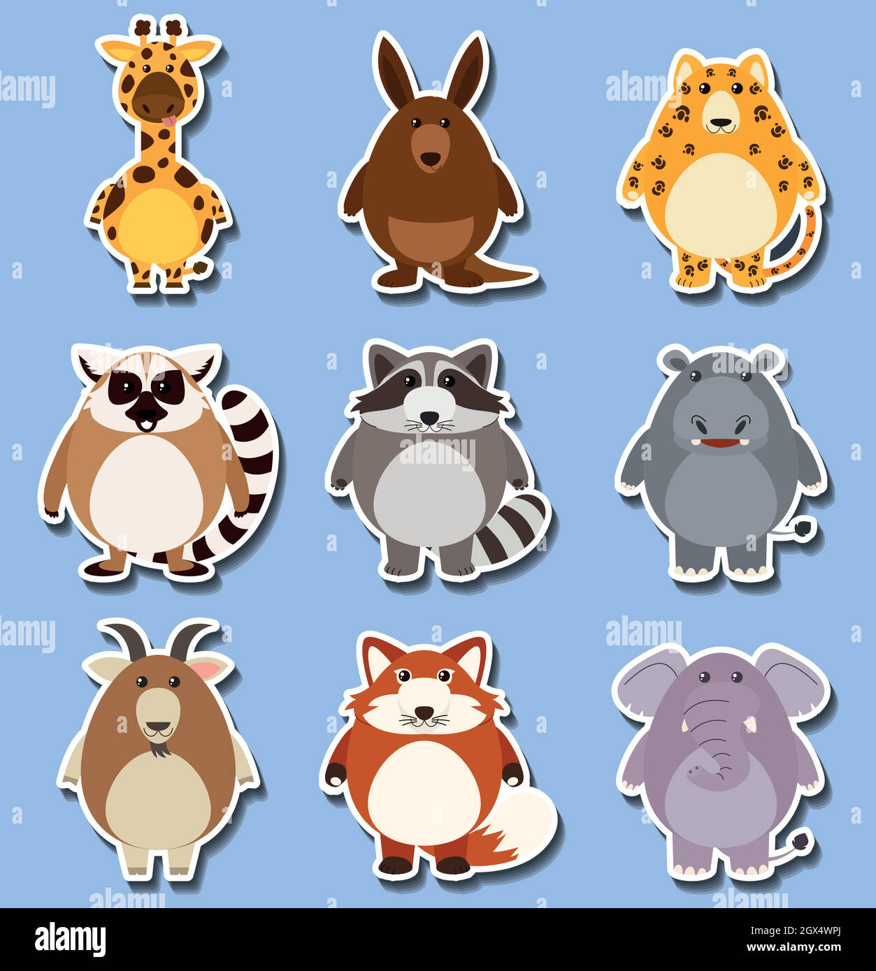 Sticker set with many animals on blue Stock Vector