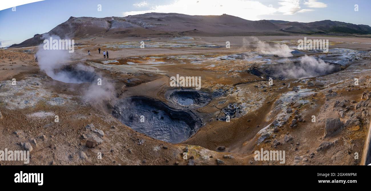 Hverir geothermal mud springs in Iceland close to lake Myvatn. Aerial ...