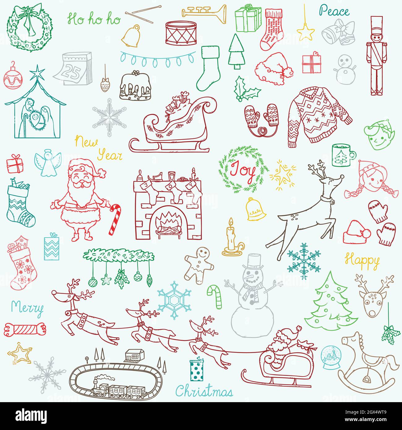 Hand Drawn Christmas doodles. Holiday cake, gifts, tree, Santa, reindeers, elf, ornament, fireplace. Winter New Year Party. Colored outline. Stock Vector