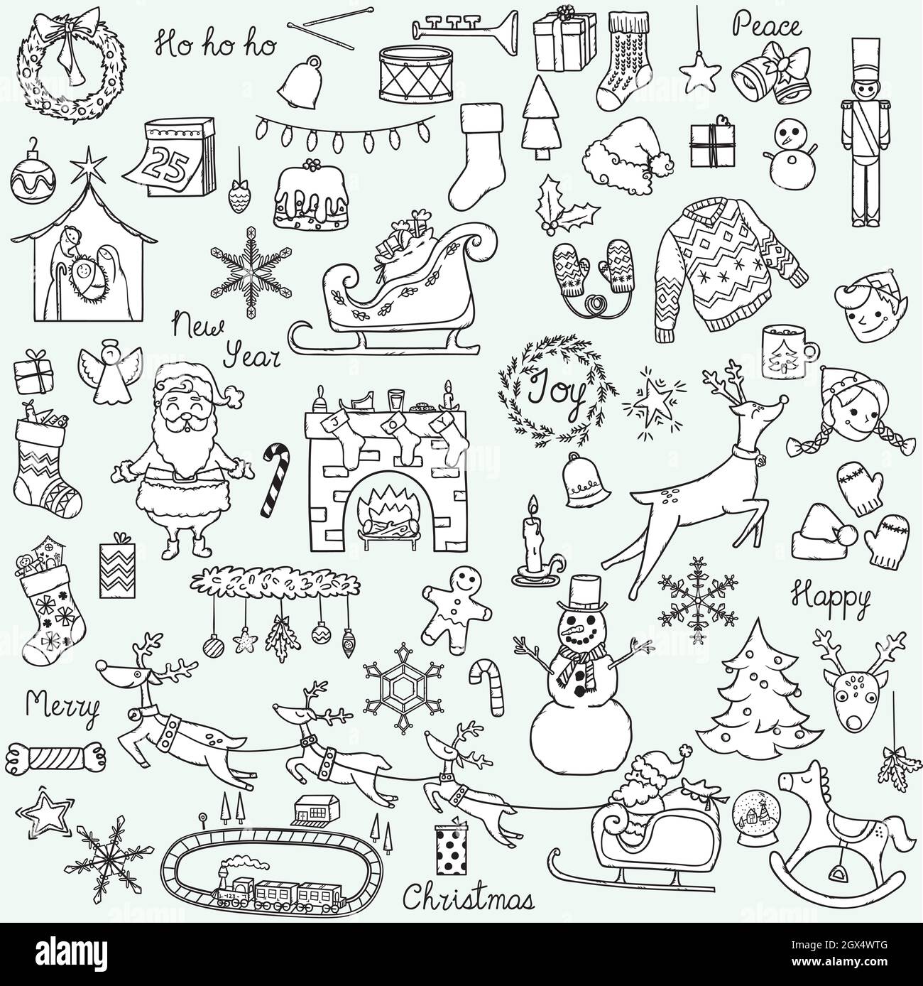 Hand Drawn Christmas doodles. Holiday cake, gifts, tree, Santa, reindeers, elf, ornament, fireplace. Winter New Year Party. Black and white. Stock Vector