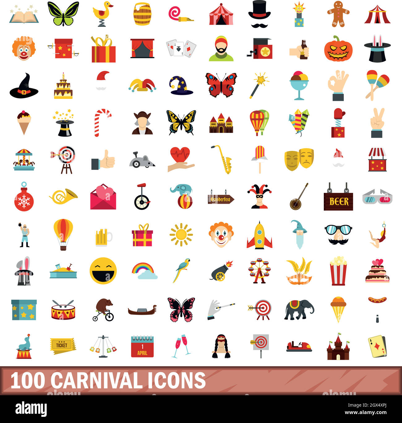 100 carnival icons set, flat style Stock Vector