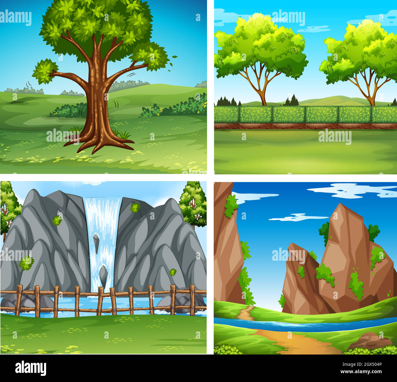 Four background scenes with trees and waterfall Stock Vector Image ...