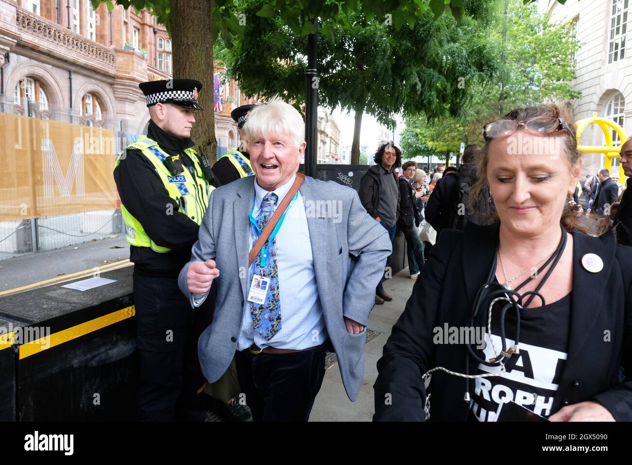 Manchester, UK – Monday 4th October 2021 – Stanley Johnson the father of Boris Johnson seen outside the Conservative Party Conference in Manchester. Photo Steven May / Alamy Live News Stock Photo