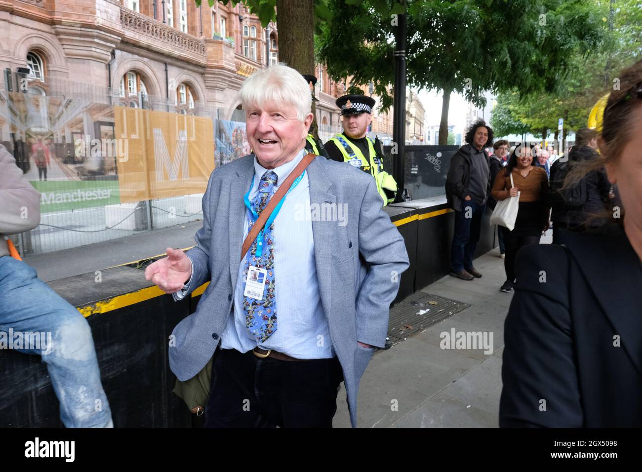 Manchester, UK – Monday 4th October 2021 – Stanley Johnson the father of Boris Johnson seen outside the Conservative Party Conference in Manchester. Photo Steven May / Alamy Live News Stock Photo