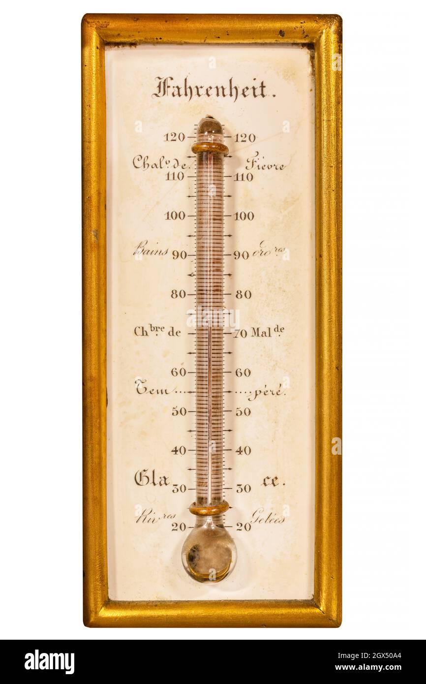 Antique French thermometer with Fahrenheit scale and golden frame isolated on a white background Stock Photo