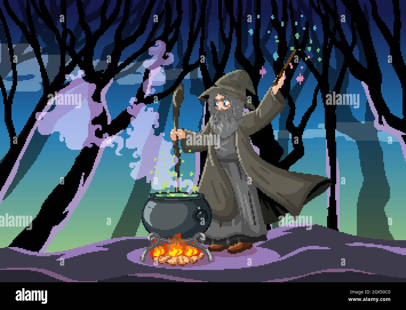 Wizard or witch with magic pot on dark forest scene Stock Vector