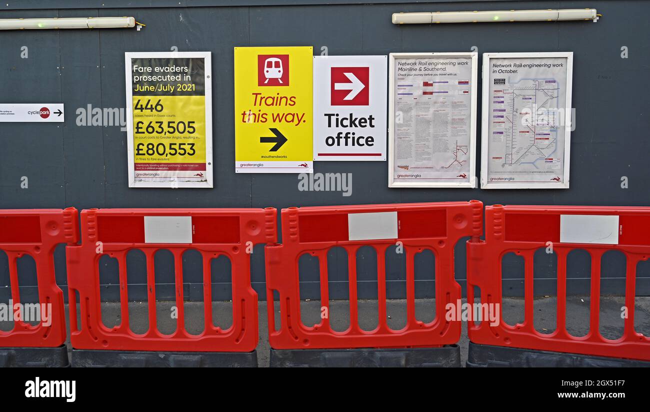 Temporary notice board at the railway station in Wickford Essex due to the demolition of station buildings. Stock Photo