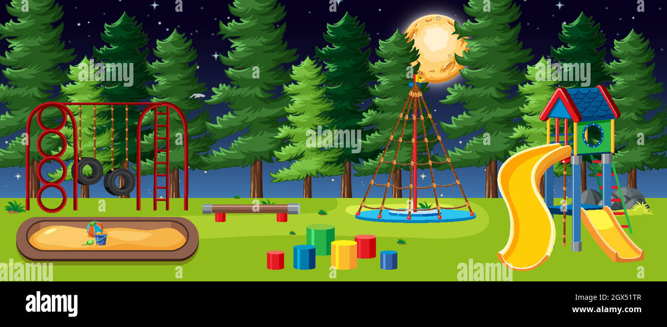 Kids playground in the park with big moon in the sky at night cartoon style Stock Vector