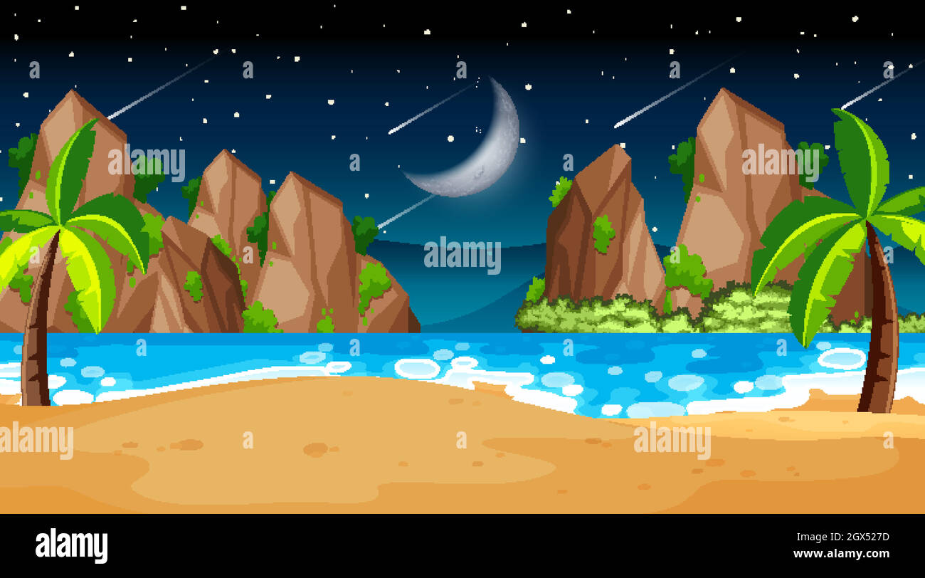 Tropical beach landscape scene at night Stock Vector Image & Art - Alamy