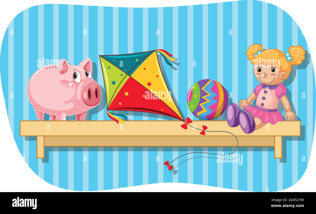Piggybank and other toys on wooden shelf Stock Vector