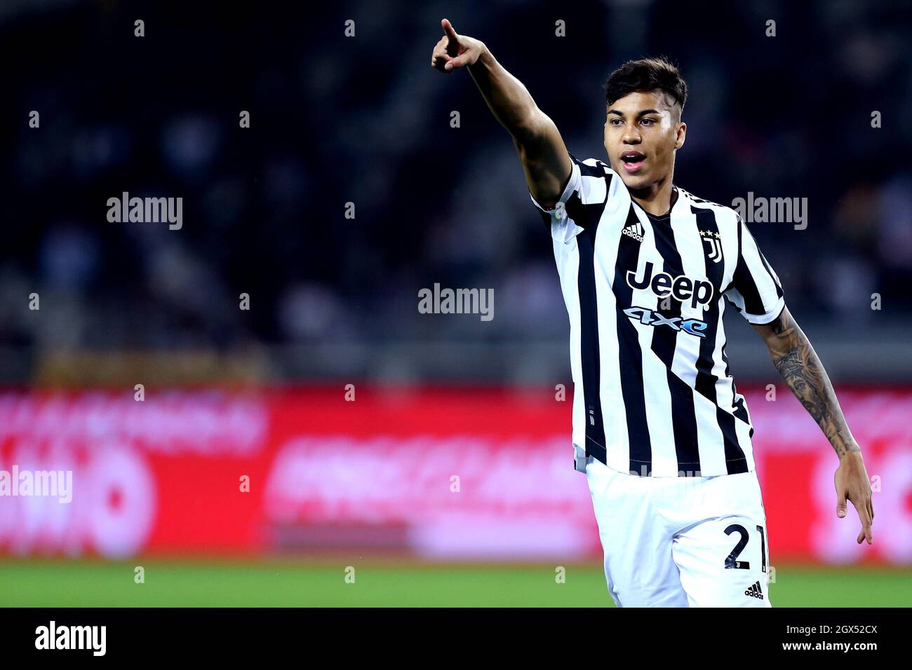 Kaio Jorge of Juventus Fc  gestures during the Serie A match between Torino Fc and Juventus Fc. Stock Photo