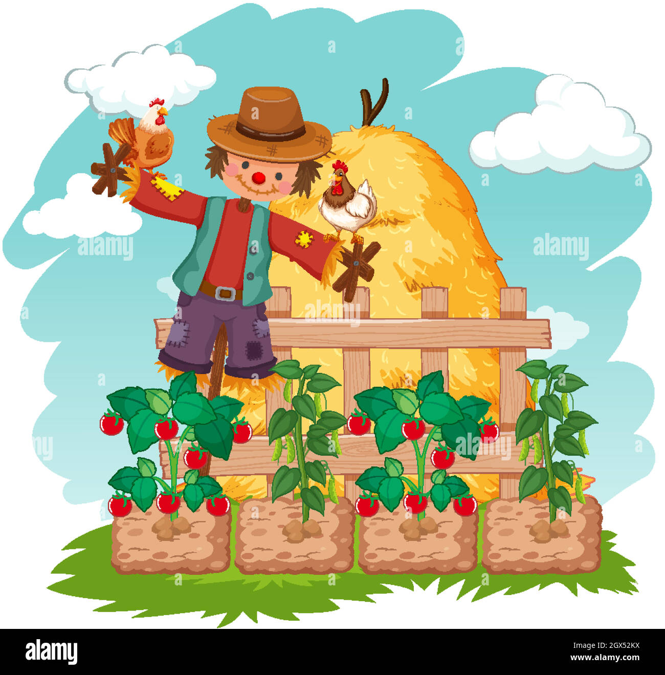 Scene with scarecrow and vegetables on the farm Stock Vector