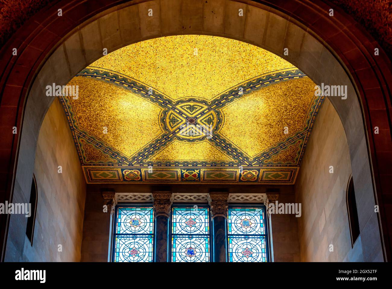 Detail of the mosaic ceiling and stained glass window in the rotunda
