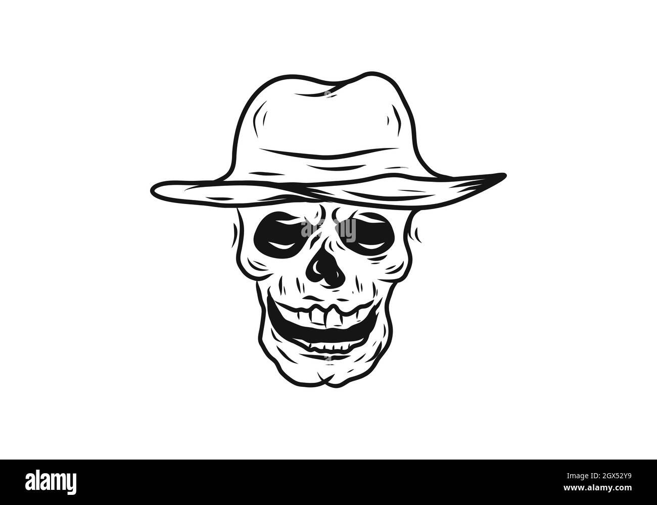 Black line art drawing of skull wearing cowboy hat design Stock Vector ...