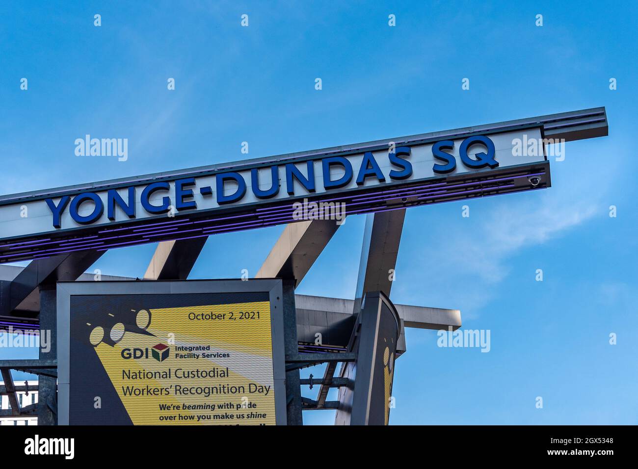 Sign marking the Yonge-Dundas Square in the downtown district of Toronto city, Canada. The city has approved to remove the Dundas name for being Henry Stock Photo