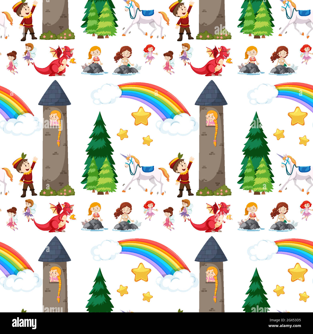 Seamless children is fairy tale castle and dragon with rainbow in the ...
