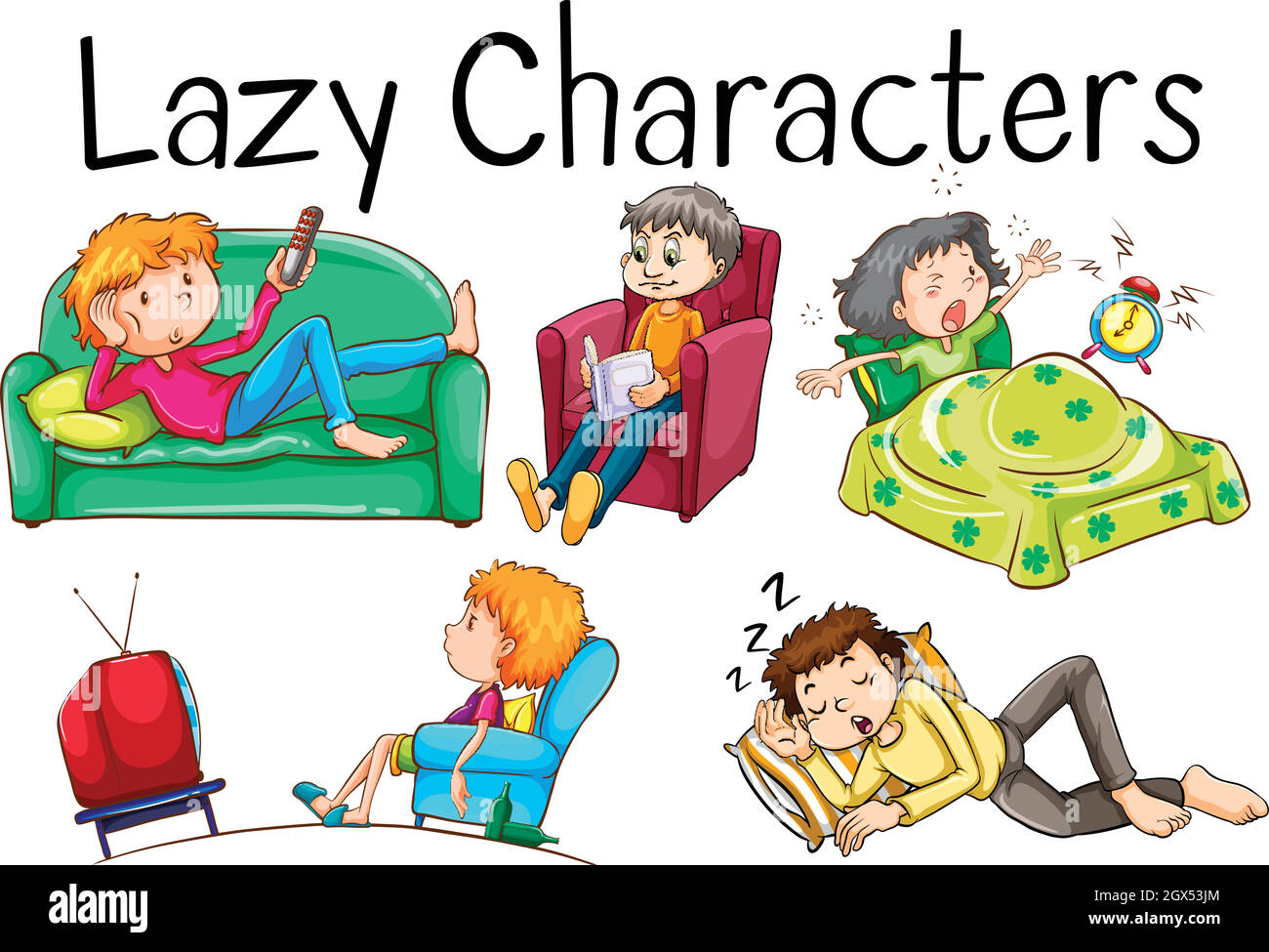 Lazy people doing boring activities Stock Vector