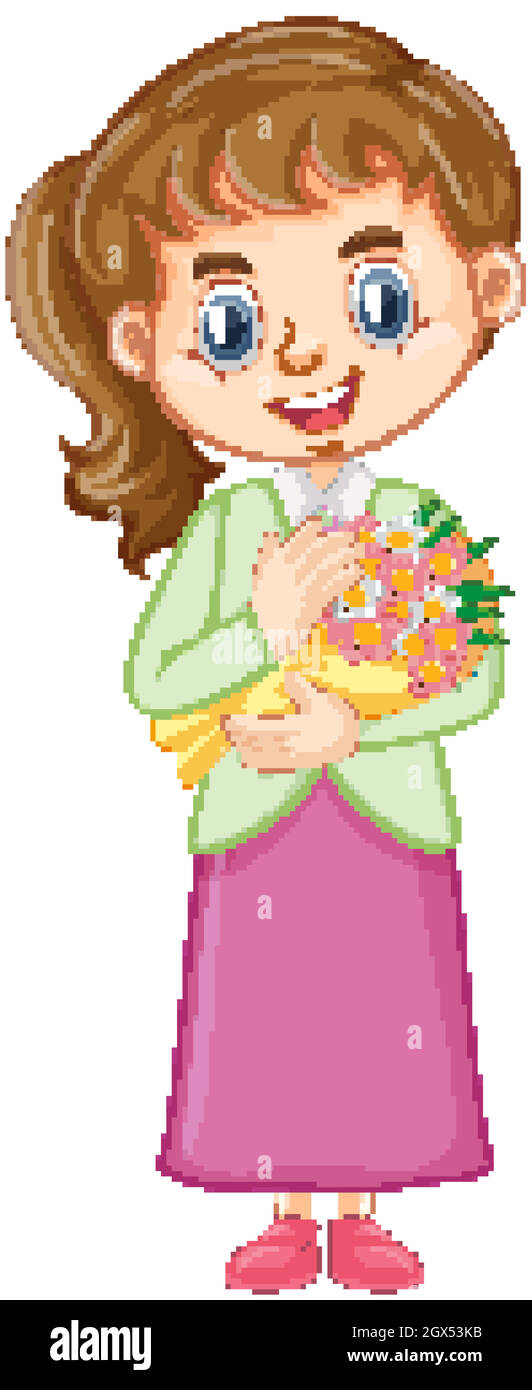 Girl in pink skirt holding flowers on white background Stock Vector ...