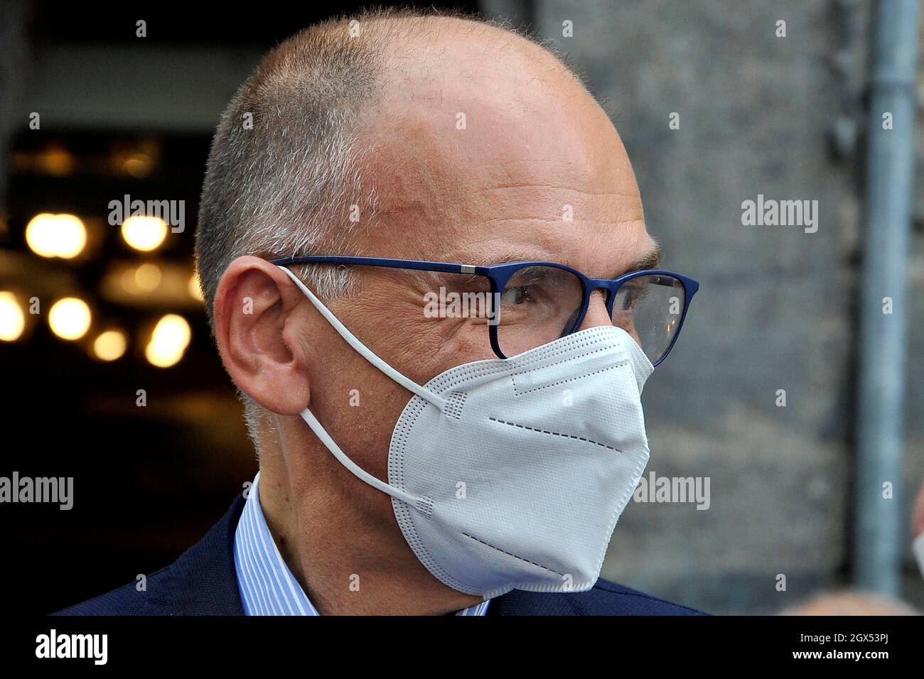 Enrico Letta secretary of the PD, during his visit to Naples to support the mayoral candidate for the city of Naples Gaetano Manfredi. Stock Photo