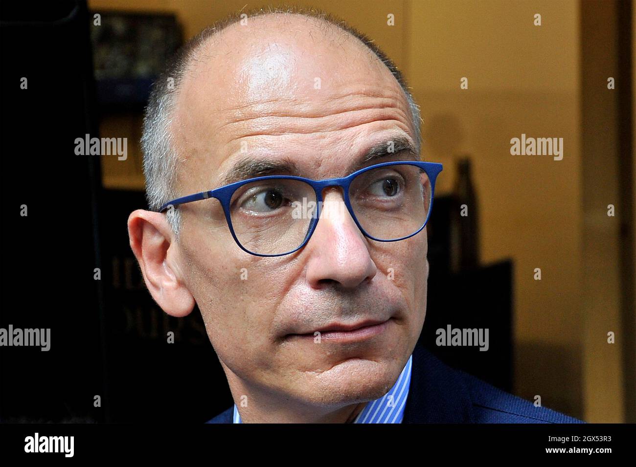 Enrico Letta secretary of the PD, during his visit to Naples to support the mayoral candidate for the city of Naples Gaetano Manfredi. Stock Photo