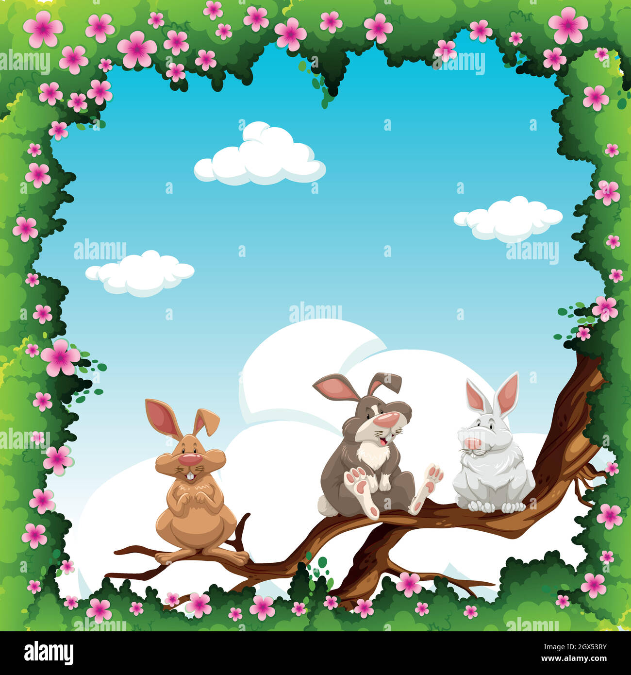 Flowers border and rabbits on branch Stock Vector Image & Art Alamy