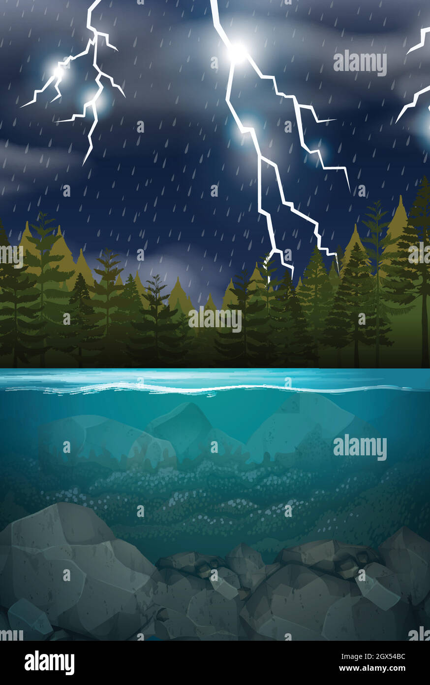 Lightning storm wood lake scene Stock Vector Image & Art - Alamy