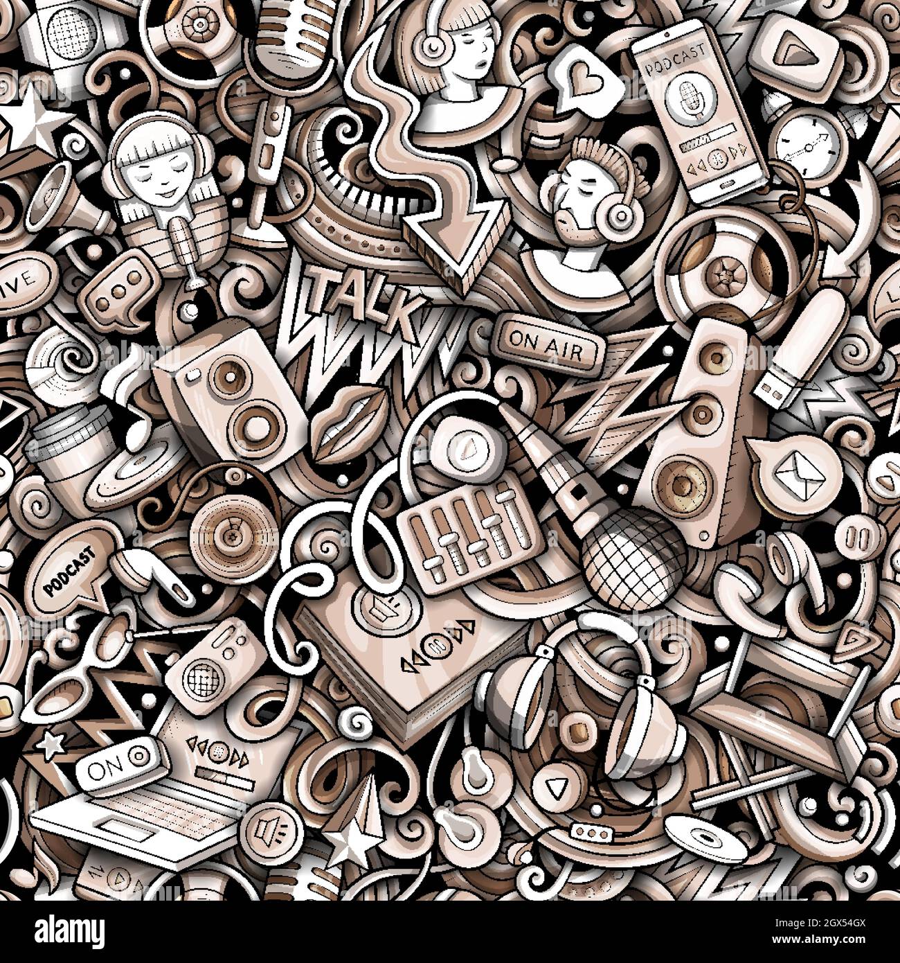 Cartoon doodles Audio content seamless pattern. Stock Vector