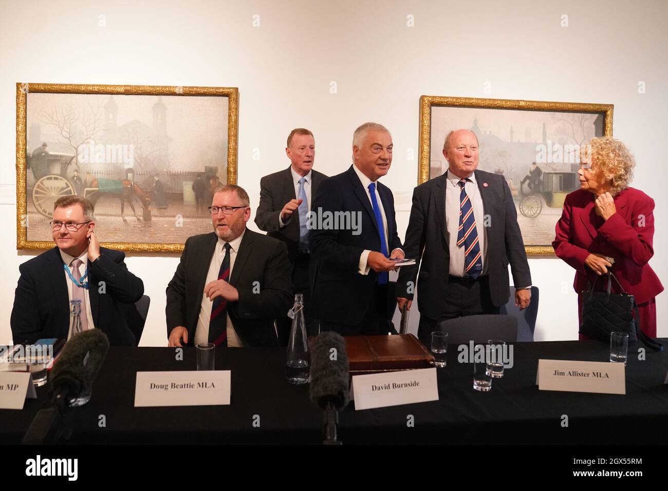 (left to right) DUP leader Sir Jeffrey Donaldson, UUP leader Doug Beattie, David Trimble, David Burnside, Jim Allister and Kate Hoey at a fringe event at the Conservative Party Conference in Manchester. Picture date: Monday October 4, 2021. Stock Photo