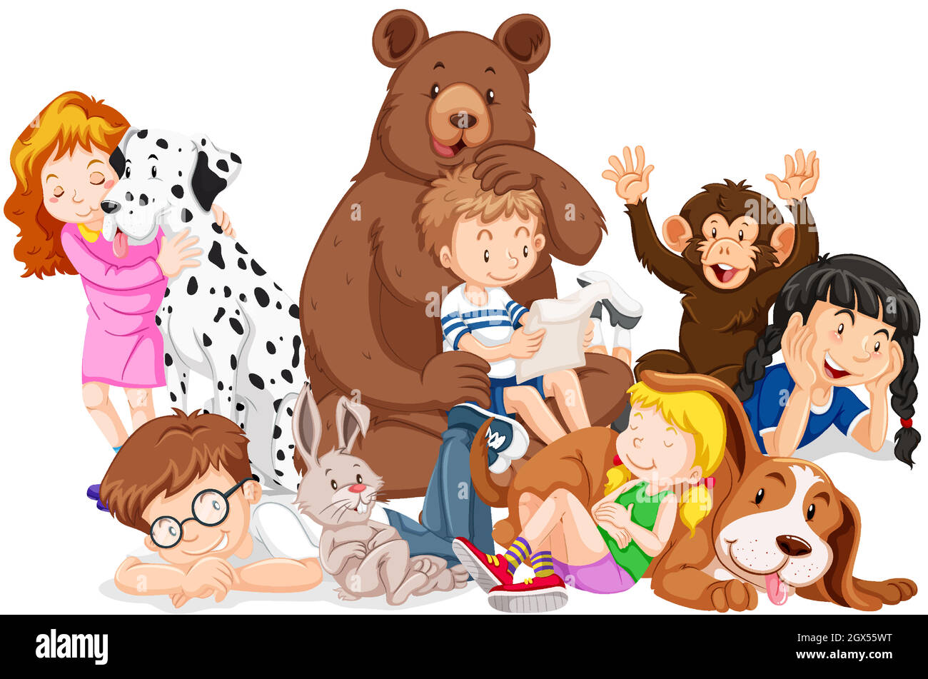 Children with animals on isolated background Stock Vector