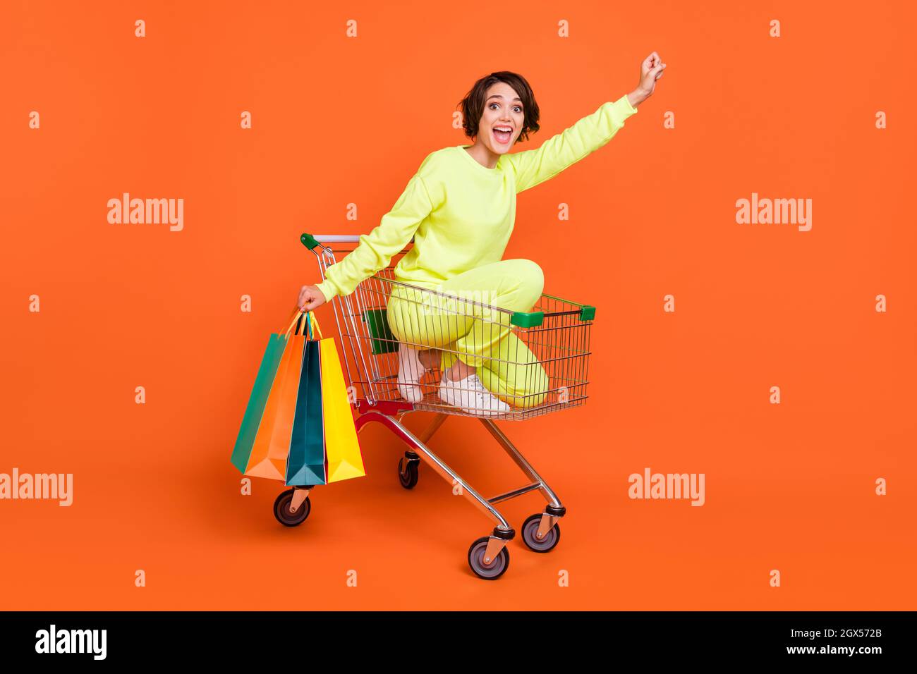 Portrait of attractive cheerful girl sitting in cart holding bags new ...