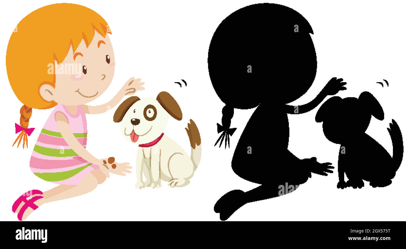 Girl playing with cute dog with its silhouette Stock Vector